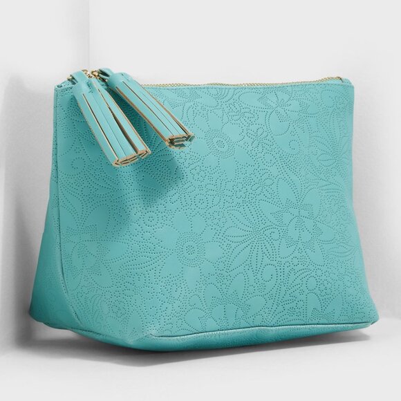 Typo Large Floral Embossed Cosmetic Zip Bag Toiletries Makeup Travel Teal Blue - Picture 1 of 6